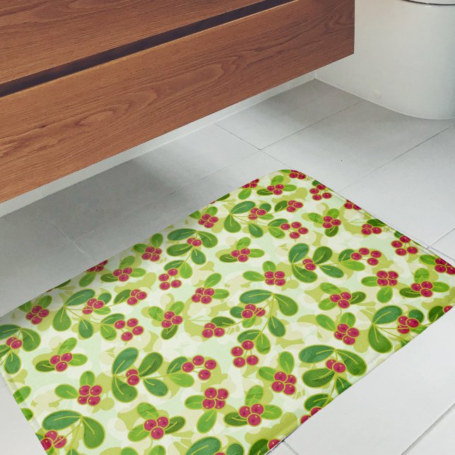 Tapis De Bain Festive Motif de fruits de canneberge, vert (Festive Cranberry Pattern Bath Mat)