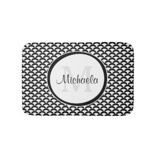 Tapis De Bain Festons noirs et blancs modernes monogramme et nom