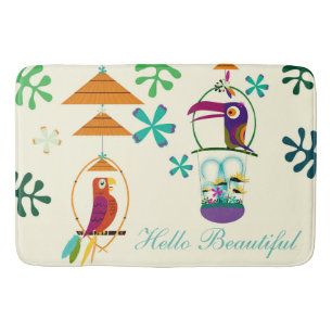 Tapis De Bain Fête d'anniversaire des oiseaux Tiki Vintage Rétro