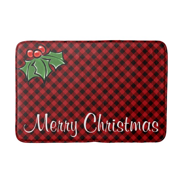 Tapis De Bain Fêtes Red Plaid Holly feuilles (Devant)