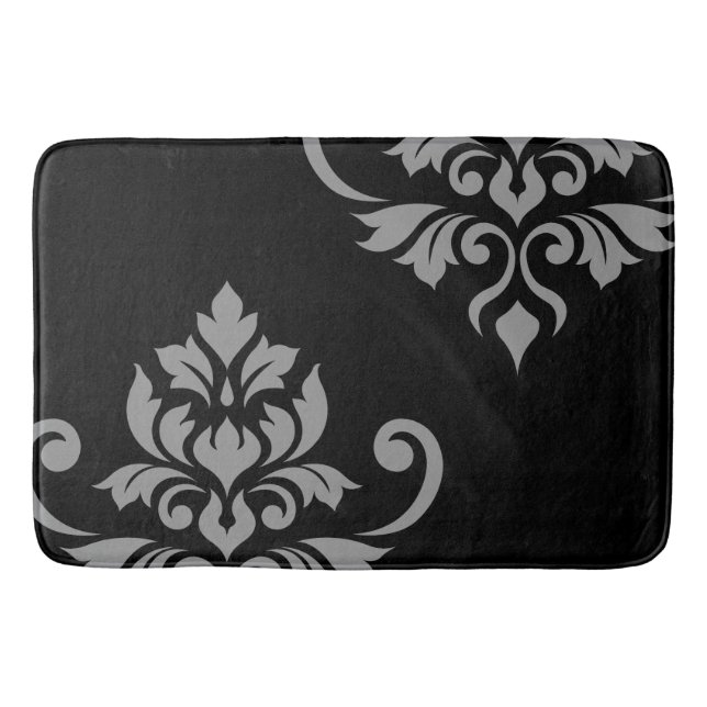 Tapis De Bain Feuille Damas Art I Gris sur noir (Devant)