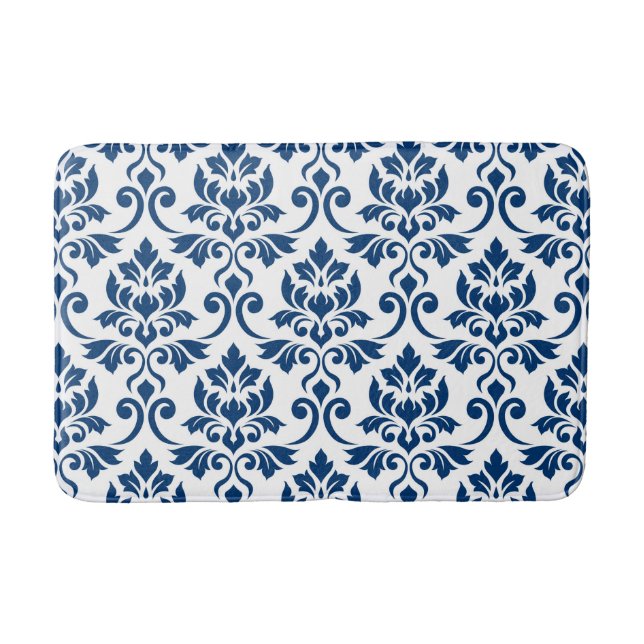 Tapis De Bain Feuille Damask Pattern bleu foncé sur blanc (Devant)