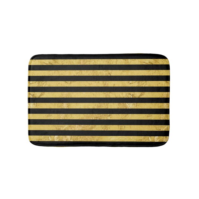 Tapis De Bain Feuille d'or élégante et motif noir de rayure (Devant)