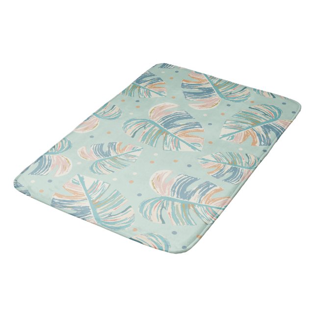 Tapis De Bain Feuille Monstera - Turquoise, Vert, Corail, Moutar (Angle)