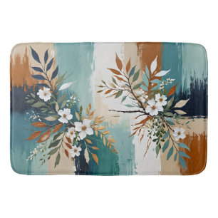 Tapis De Bain Feuilles colorés Floral Abstrait Turquoise bleu ro