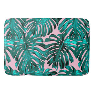 Tapis De Bain Feuilles de la jungle tropicale Turquoise rose