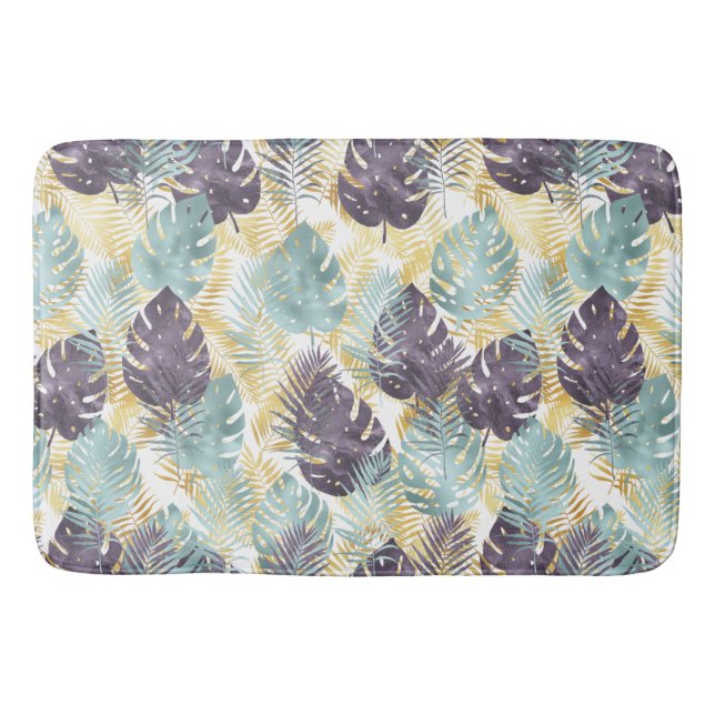 Tapis De Bain Feuilles d'or vert pourpre tropical  (Devant)
