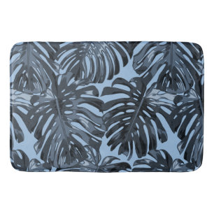 Tapis De Bain Feuilles tropicaux modernes gris foncé bleu
