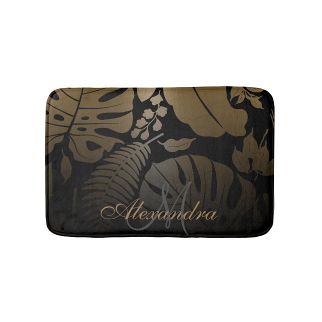 Tapis De Bain Feuilles tropicaux Noir et Or (Devant)