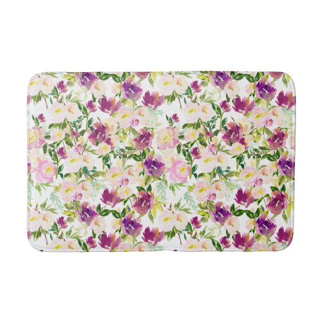 Tapis De Bain Fille Rose Peach Purple Burgundy Aquarelle Florale (Devant)