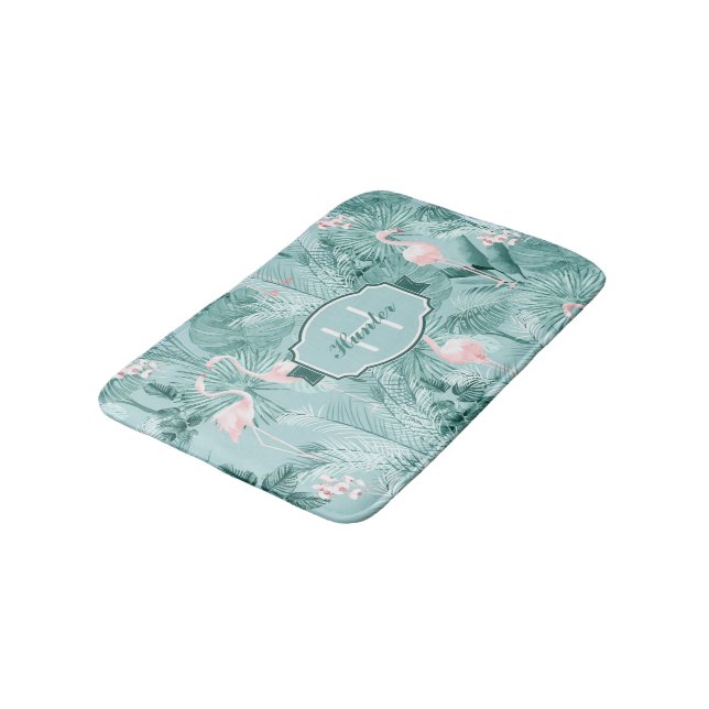 Tapis De Bain Flamant rose Orchidée Tropical Motif Turquoise ID8 (Angle)