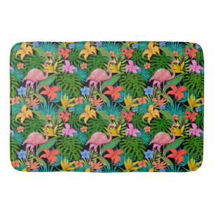 Tapis De Bain Flamant rose rose exotique Fleurs tropicales
