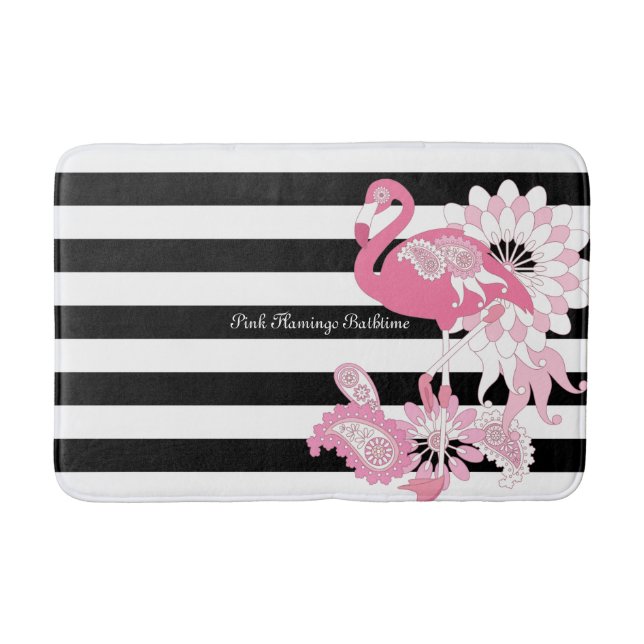 Tapis De Bain Flamant rose rose rayé noir et blanc moderne (Devant)