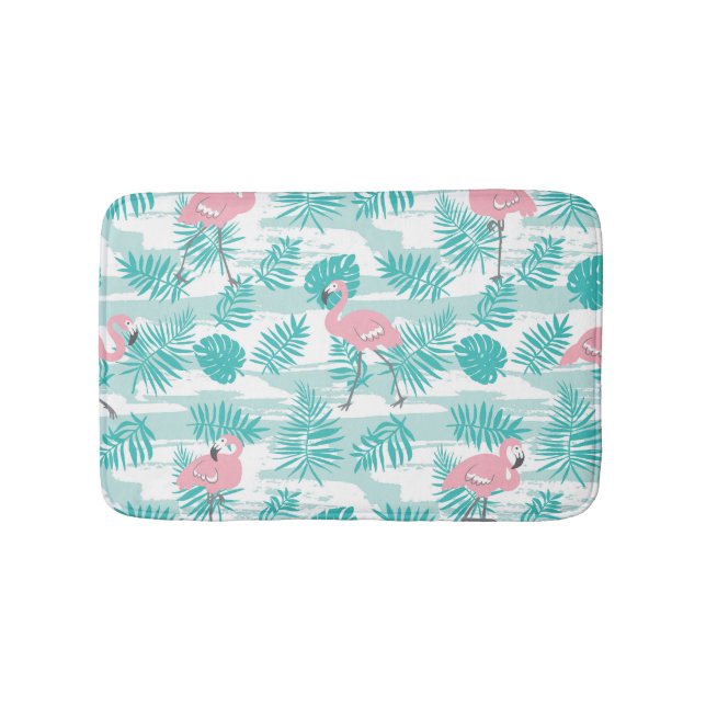 Tapis De Bain flamants roses, feuilles de palmiers verts, tropic (Devant)