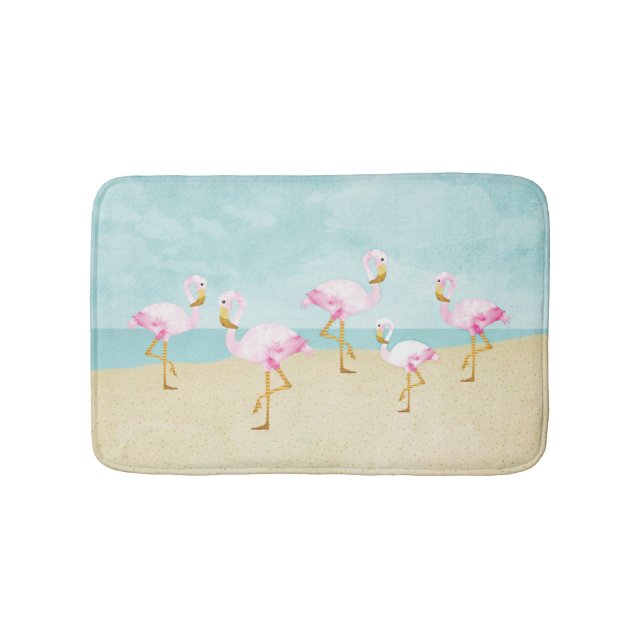 Tapis De Bain Flamants roses roses d'aquarelle sur la plage (Devant)