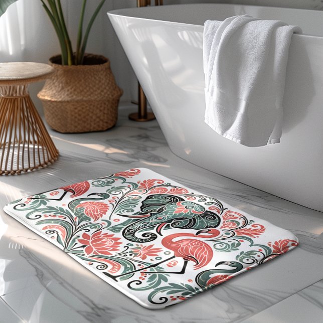 Tapis De Bain Flamants roses roses d'éléphants floraux Art nouve (Créateur téléchargé)