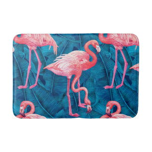 Tapis De Bain Flamants roses sur feuilles de bananes bleues