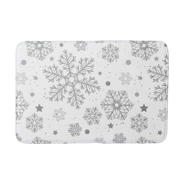 Tapis De Bain Flammes de neige en argent sur blanc (Devant)