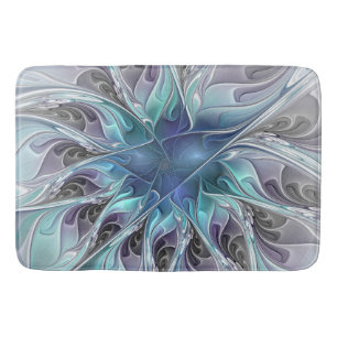 Tapis De Bain Fleur Abstraite Fractale Moderne Avec Bleu