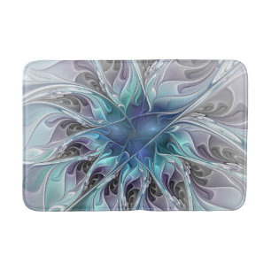 Tapis De Bain Fleur Abstraite Fractale Moderne Avec Bleu