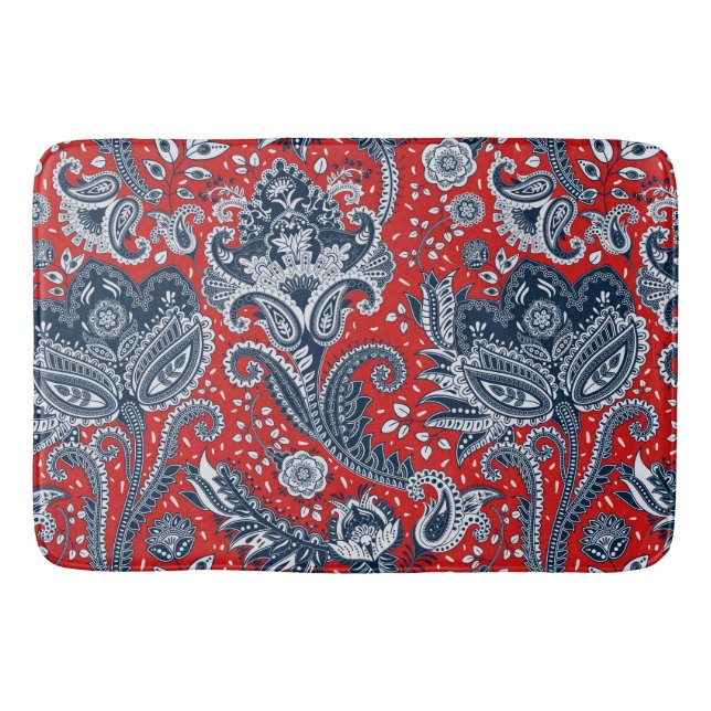 Tapis De Bain Fleur de lys rouge blanc et bleu bohème boho (Devant)