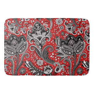 Tapis De Bain Fleur de Paisley Rouge Noir et Blanc Bohème Boho