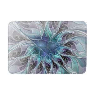 Tapis De Bain Fleur fractale moderne abstraite avec du bleu