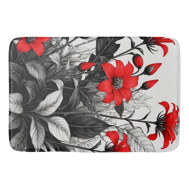 Tapis De Bain Fleur rouge sur Plante noir blanc (Devant)