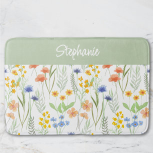 Tapis De Bain Fleur sauvage aquarelle orange vert