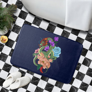 Tapis De Bain Fleurs bleues chinoises de la marine Dragon
