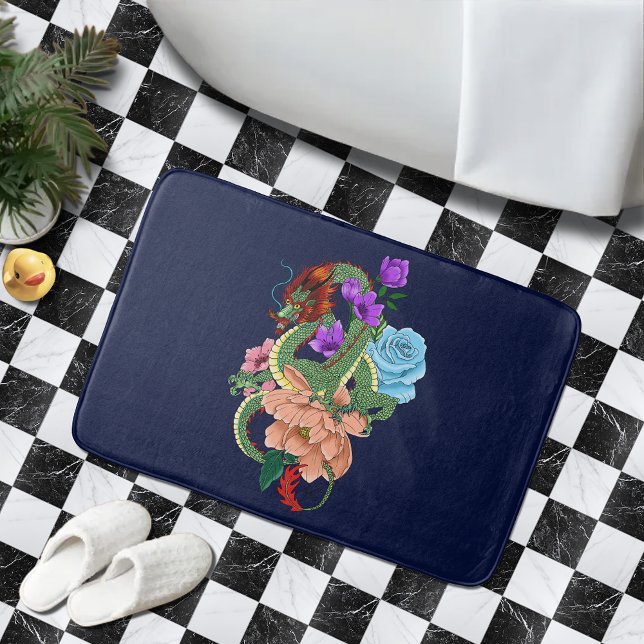 Tapis De Bain Fleurs bleues chinoises de la marine Dragon (Créateur téléchargé)