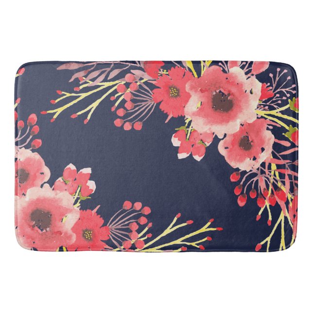 Tapis De Bain Fleurs d'aquarelle rose et bleu marine (Devant)