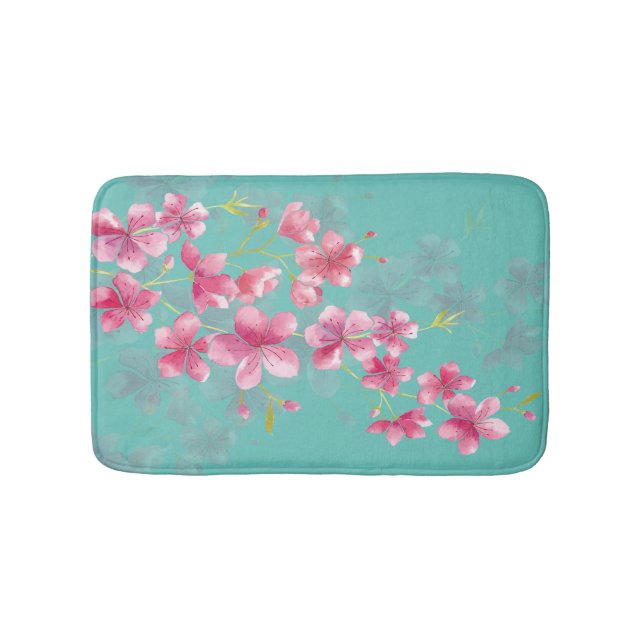Tapis De Bain Fleurs de cerisiers roses sur Turquoise (Devant)