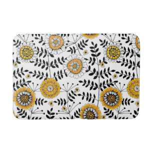 Tapis De Bain Fleurs de gribouillis et feuilles en jaune et noir