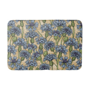 Tapis De Bain Fleurs de maïs bleues, fleurs sauvages sur le jaun