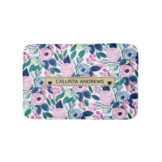 Tapis De Bain Fleurs de marine rose douce Aquarelle or Monogramm (Devant)
