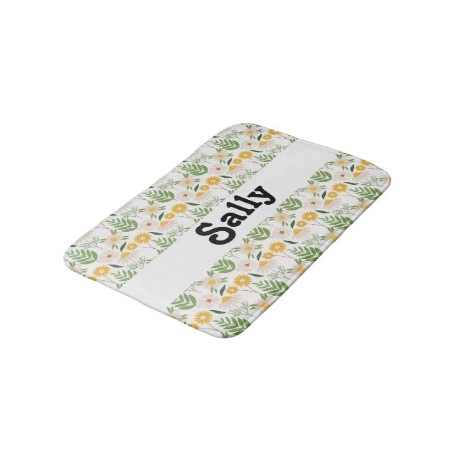 Tapis De Bain Fleurs de nom personnalisées et feuilles en blanc (Angle)