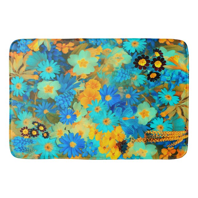 Tapis De Bain Fleurs de printemps bleu et jaune (Devant)
