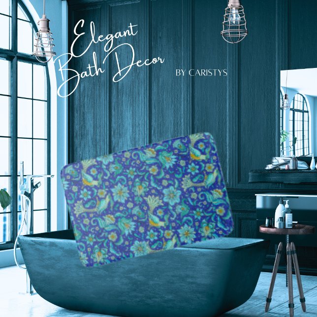 Tapis De Bain Fleurs d'oiseaux bleu royal, jaune (Créateur téléchargé)