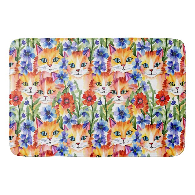 Tapis De Bain Fleurs et chats d'aquarelle d'art populaire (Devant)