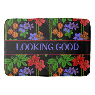 Tapis De Bain Fleurs et fruits tropicaux noirs de la jungle jama