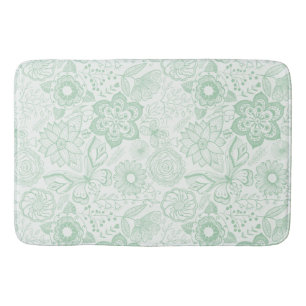 Tapis De Bain Fleurs et papillons rétro verts et blancs