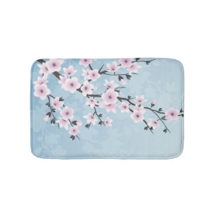 Tapis De Bain Fleurs florales de cerises bleu ciel rose poussiér