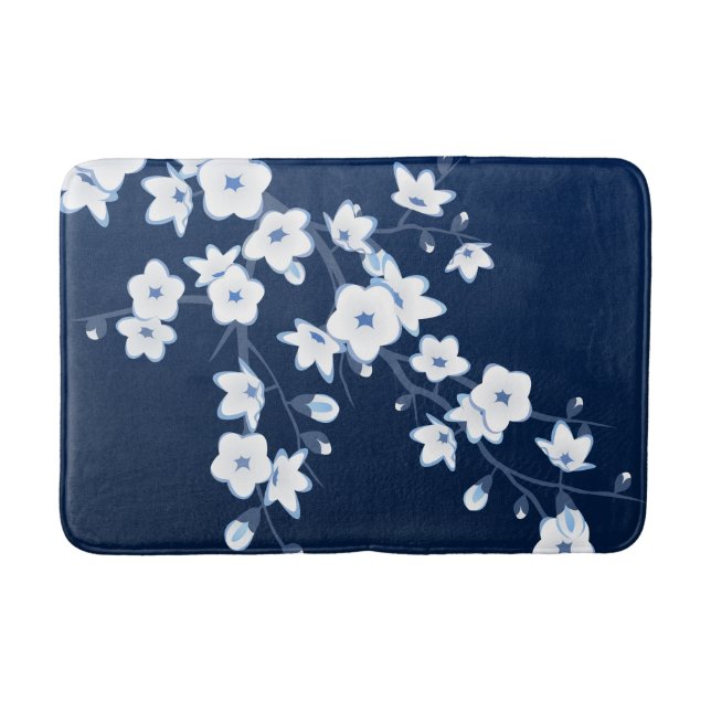 Tapis De Bain Fleurs florales de cerisier Bleu foncé Blanc (Devant)