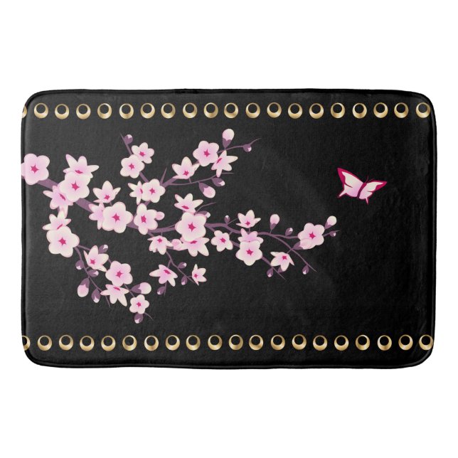 Tapis De Bain Fleurs florales de cerisiers Lignes d'or rose noir (Devant)