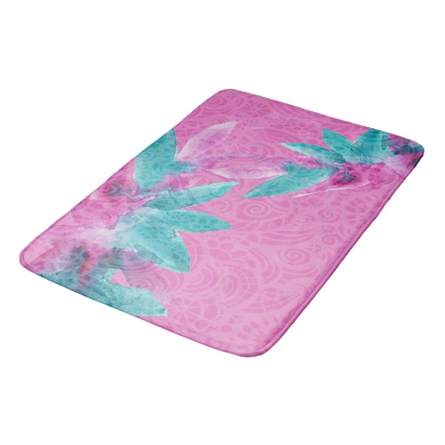 Tapis De Bain Fleurs hawaïennes Abstraites turquoise rose (Angle)