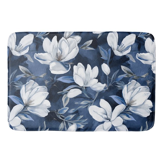 Tapis De Bain Fleurs Magnolia Blanches, Arrière - plan Bleu (Devant)