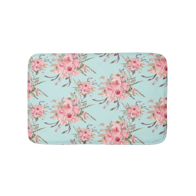 Tapis De Bain Fleurs rose pâle sur bleu clair (Devant)