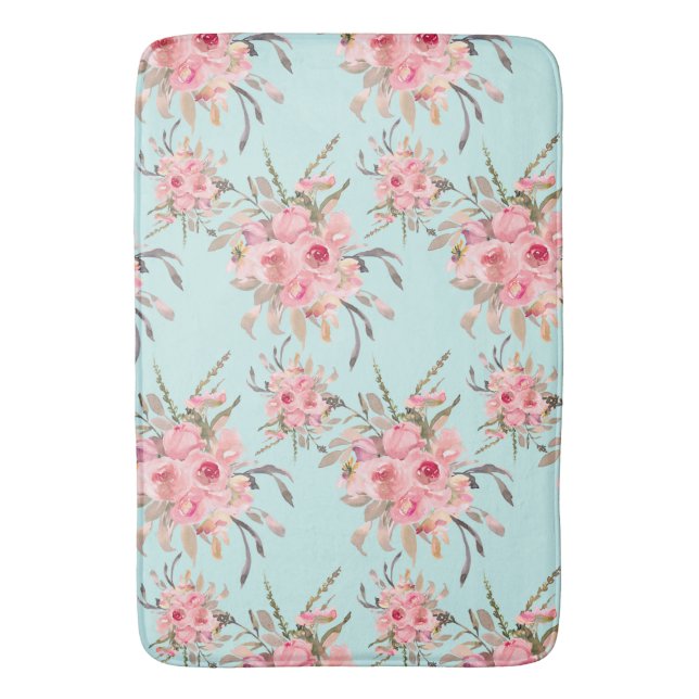 Tapis De Bain Fleurs rose pâle sur bleu clair (devant Vertical)