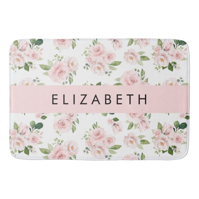 Tapis De Bain Fleurs roses, Roses, Fleurs Aquarelles, Votre Nom (Devant)